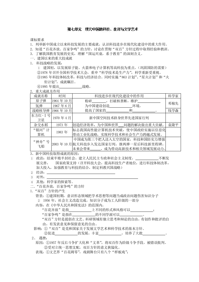 湖北省崇阳县众望高中高二历史学案：第七单元《现代中国的科技、教育与文学艺术》（新人教必修3）