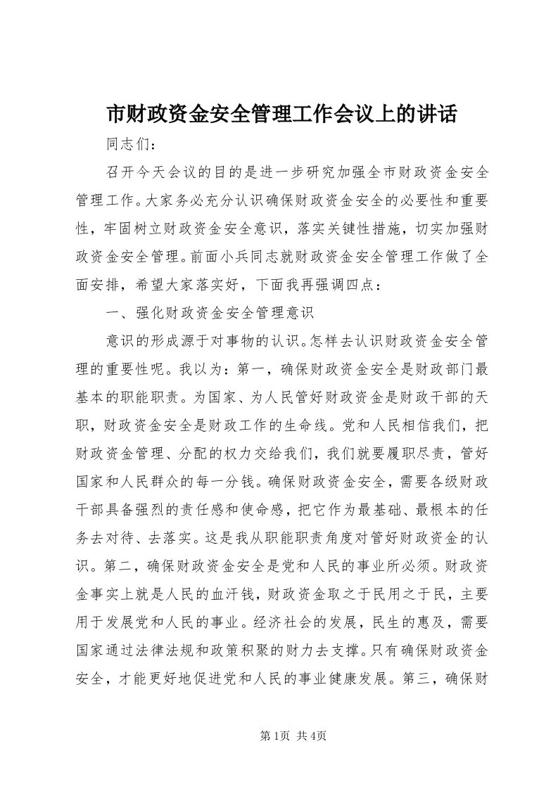 5市财政资金安全管理工作会议上的致辞