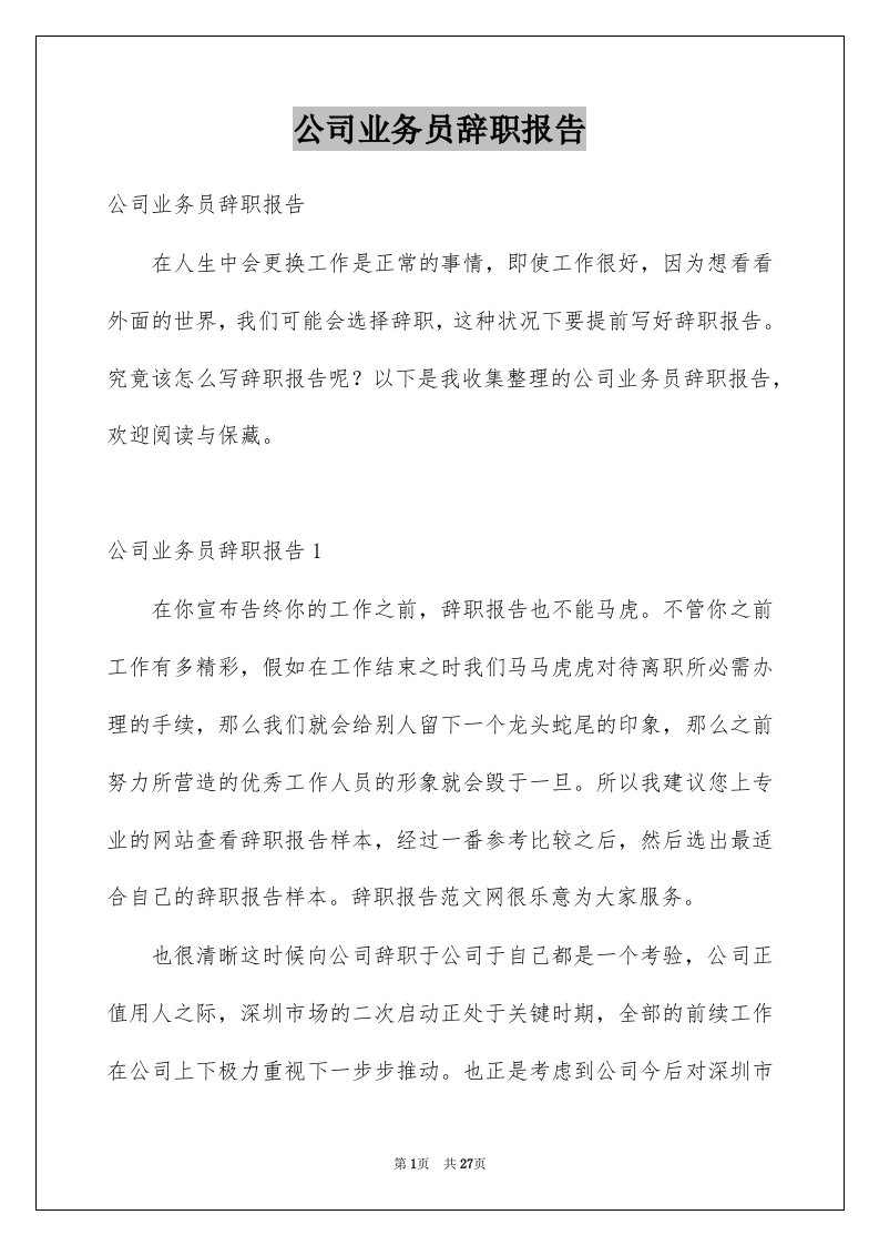 公司业务员辞职报告汇总