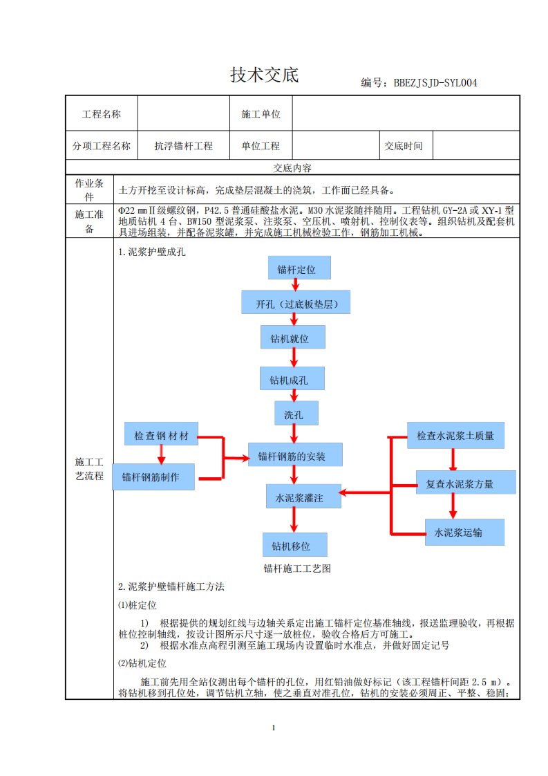 抗浮锚杆施工技术交底