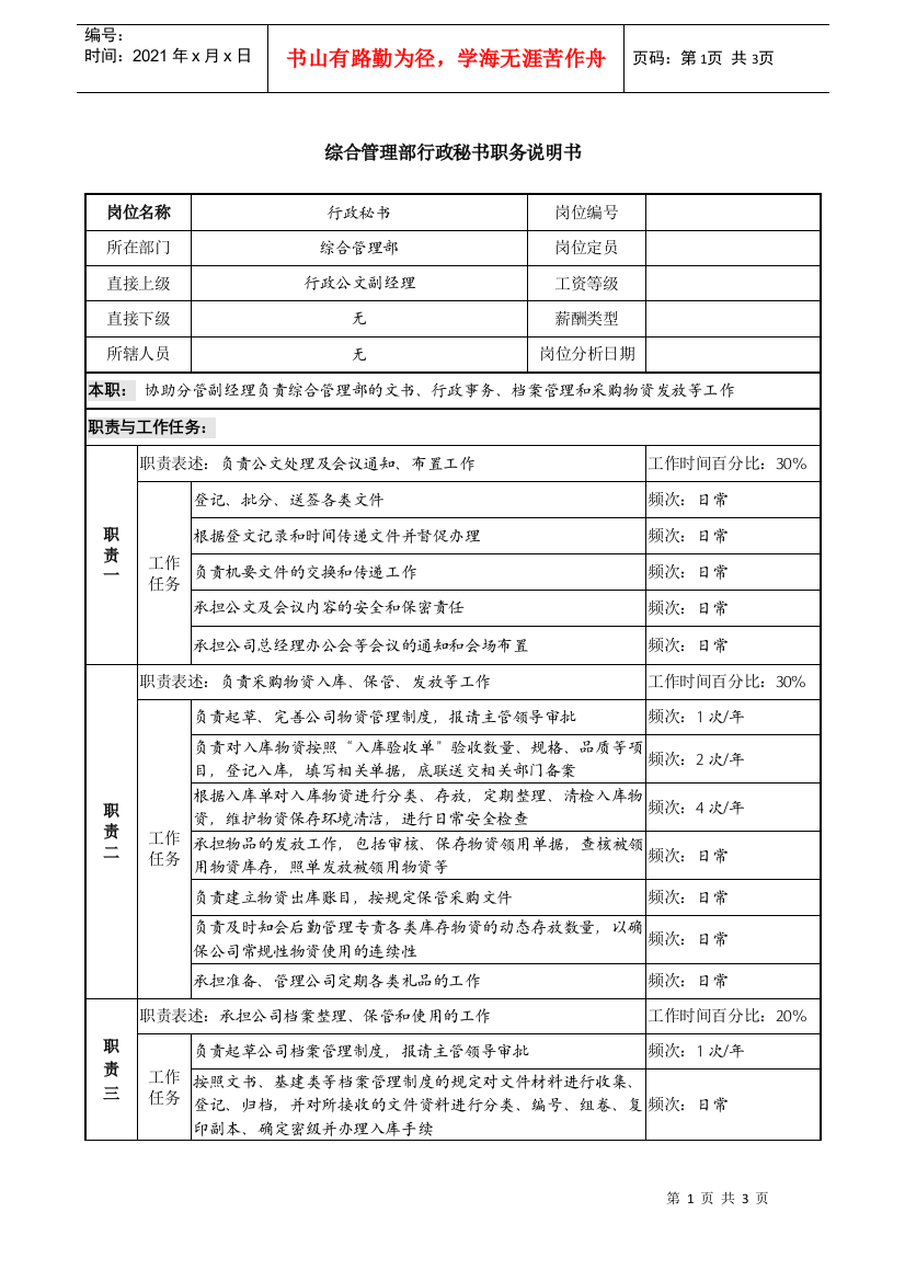 某投资公司综合管理部行政秘书职务说明书