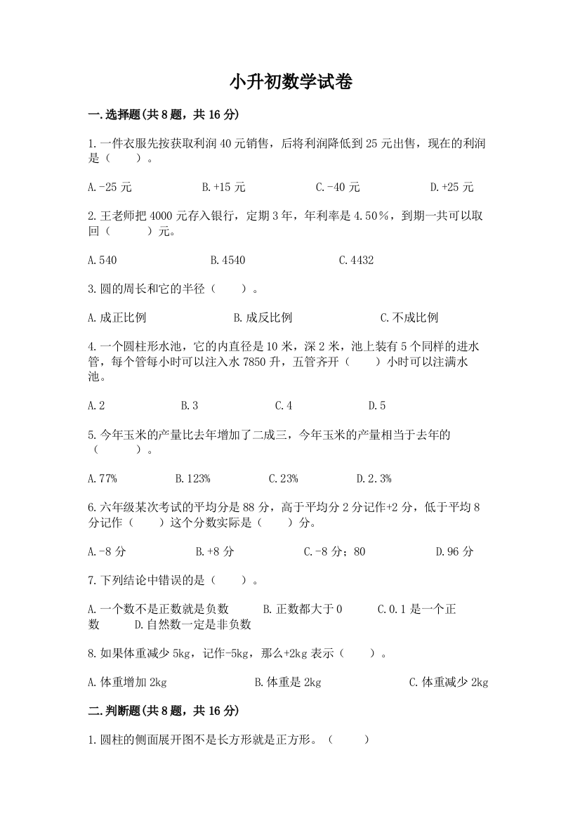 小升初数学试卷及答案（考点梳理）