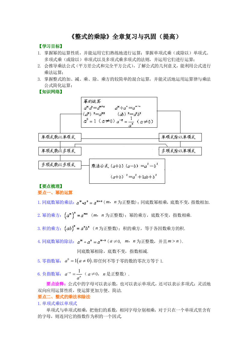 整式的乘除全章复习与巩固提高知识讲解