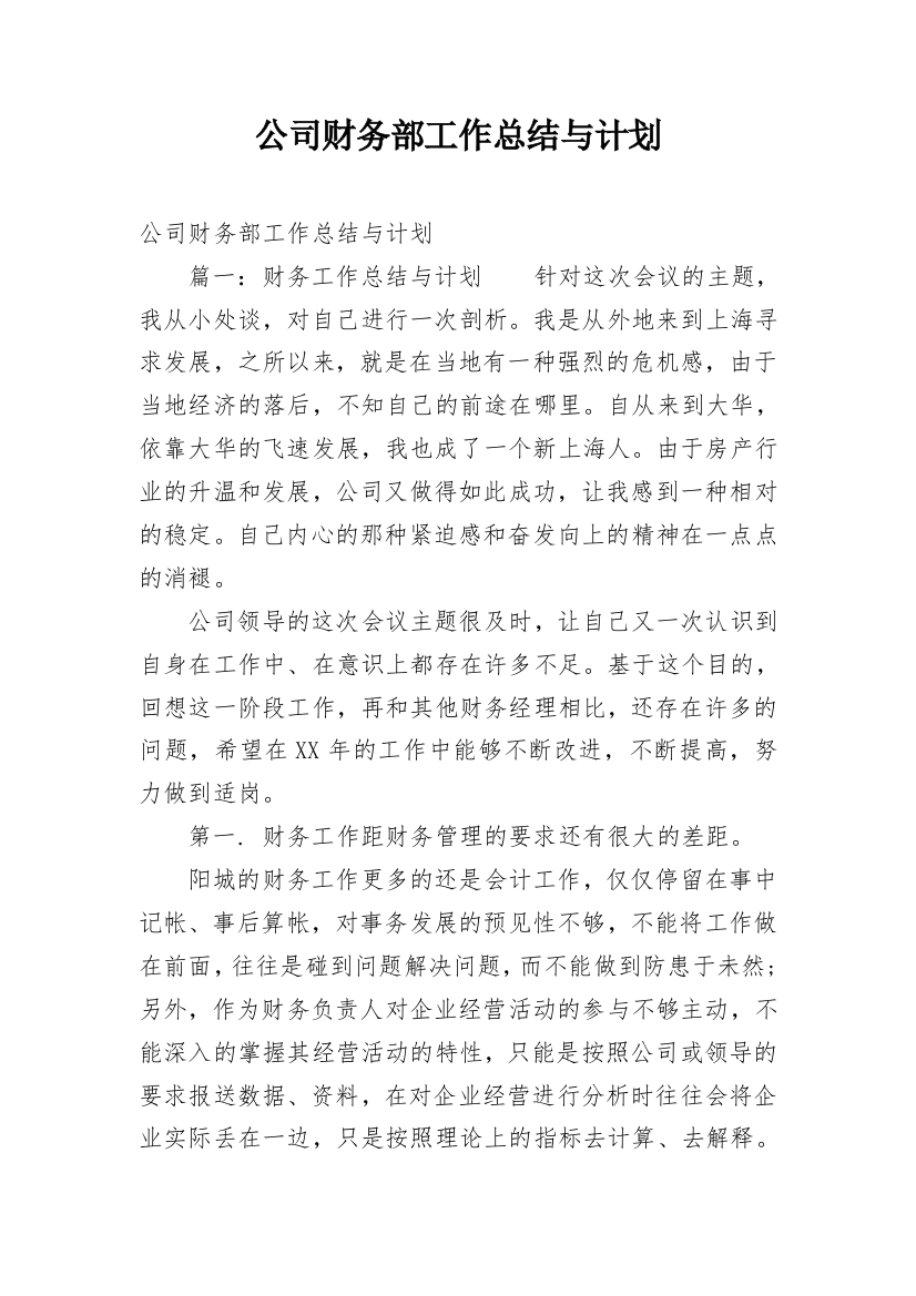 公司财务部工作总结与计划