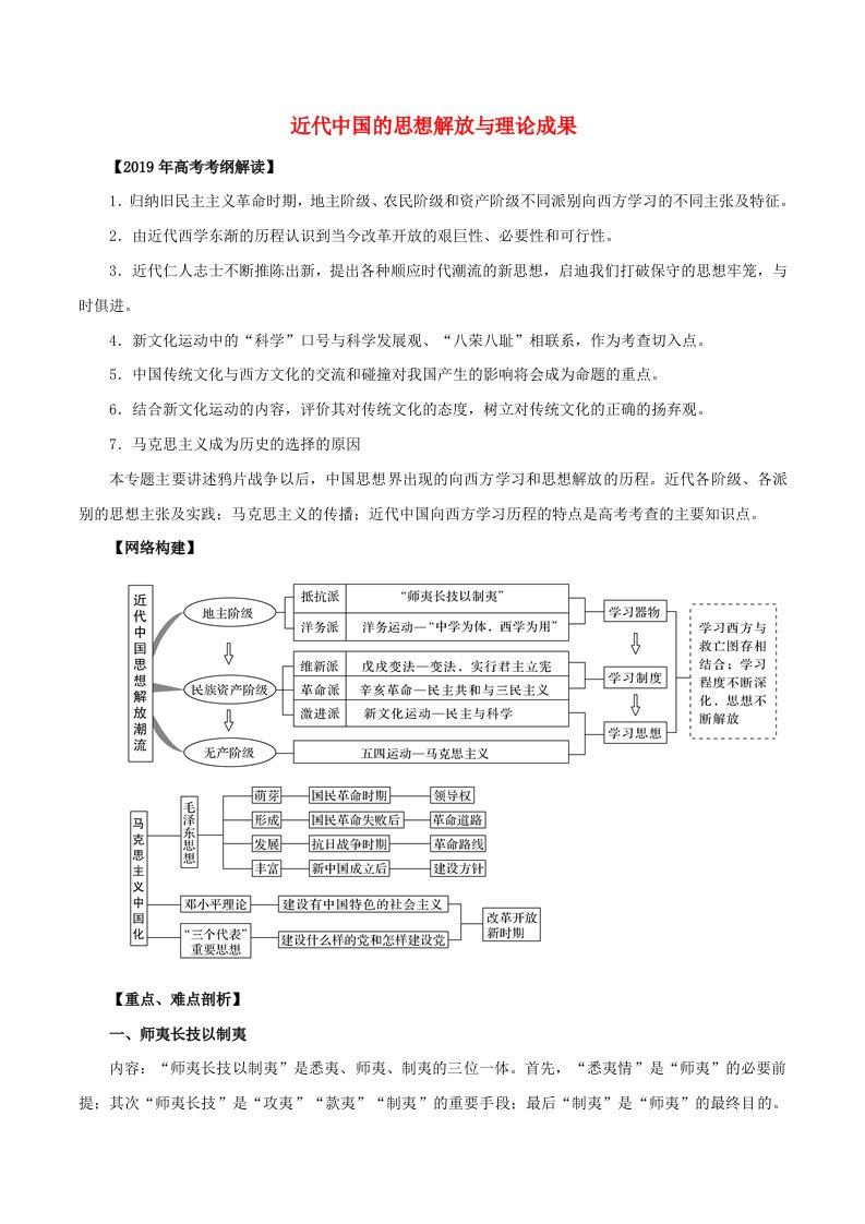 2019年高考历史考纲解读与热点难点突破专题10近代中国的思想解放与理论成果教学案含解析