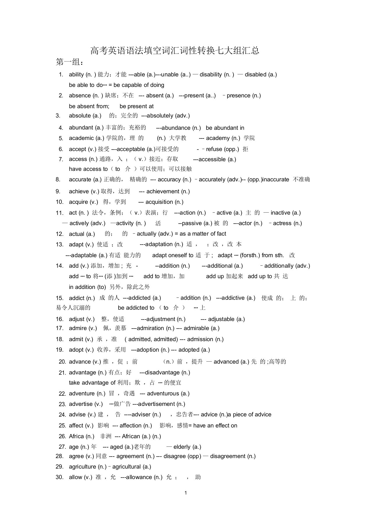 (完整word版)高考英语语法填空词汇词性转换七大组汇总
