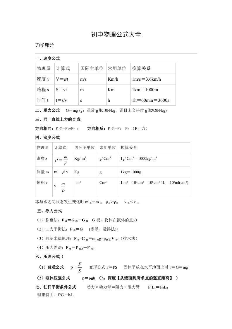 初中物理公式大全(人教版)