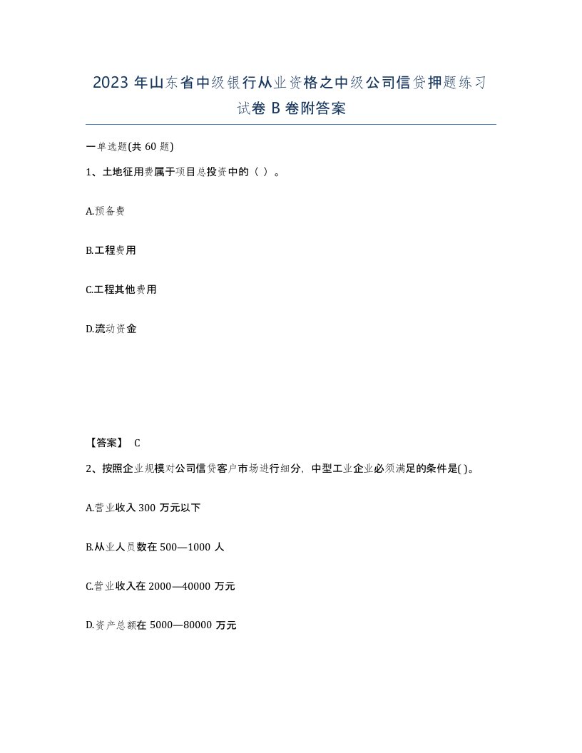 2023年山东省中级银行从业资格之中级公司信贷押题练习试卷B卷附答案