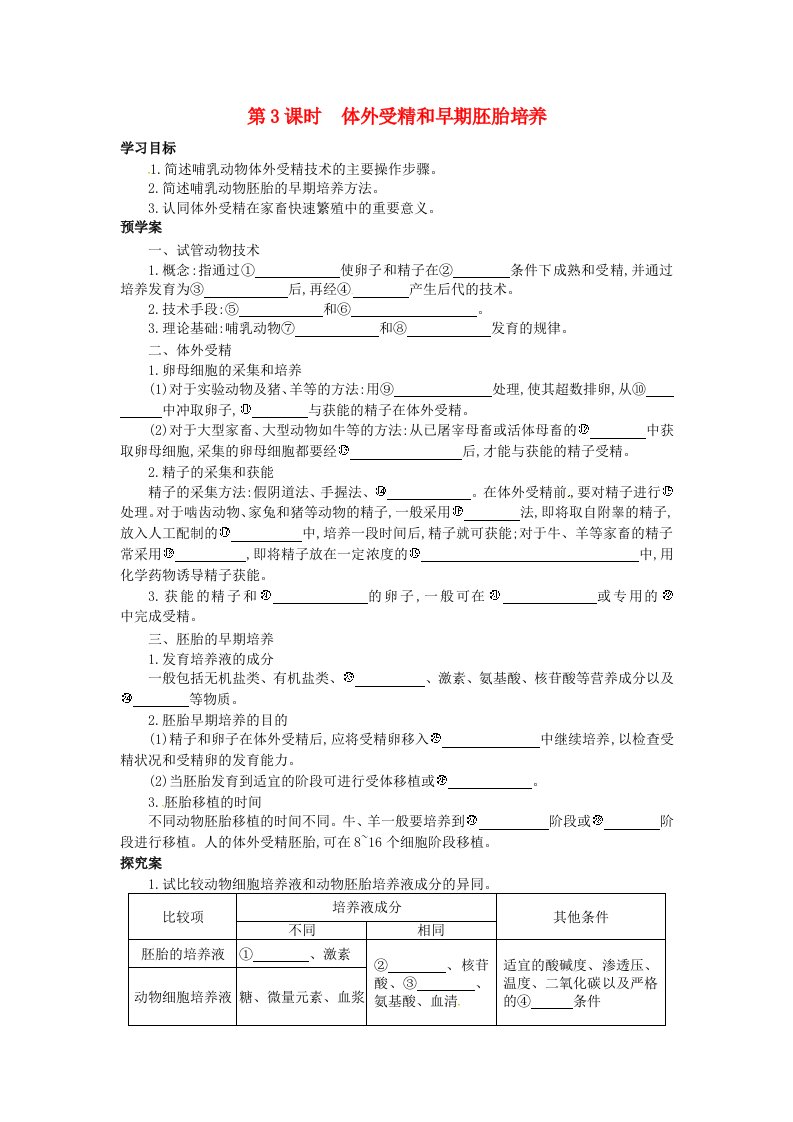 江苏省响水中学高中生物3.2体外受精和早期胚胎培养导学案新人教版选修3