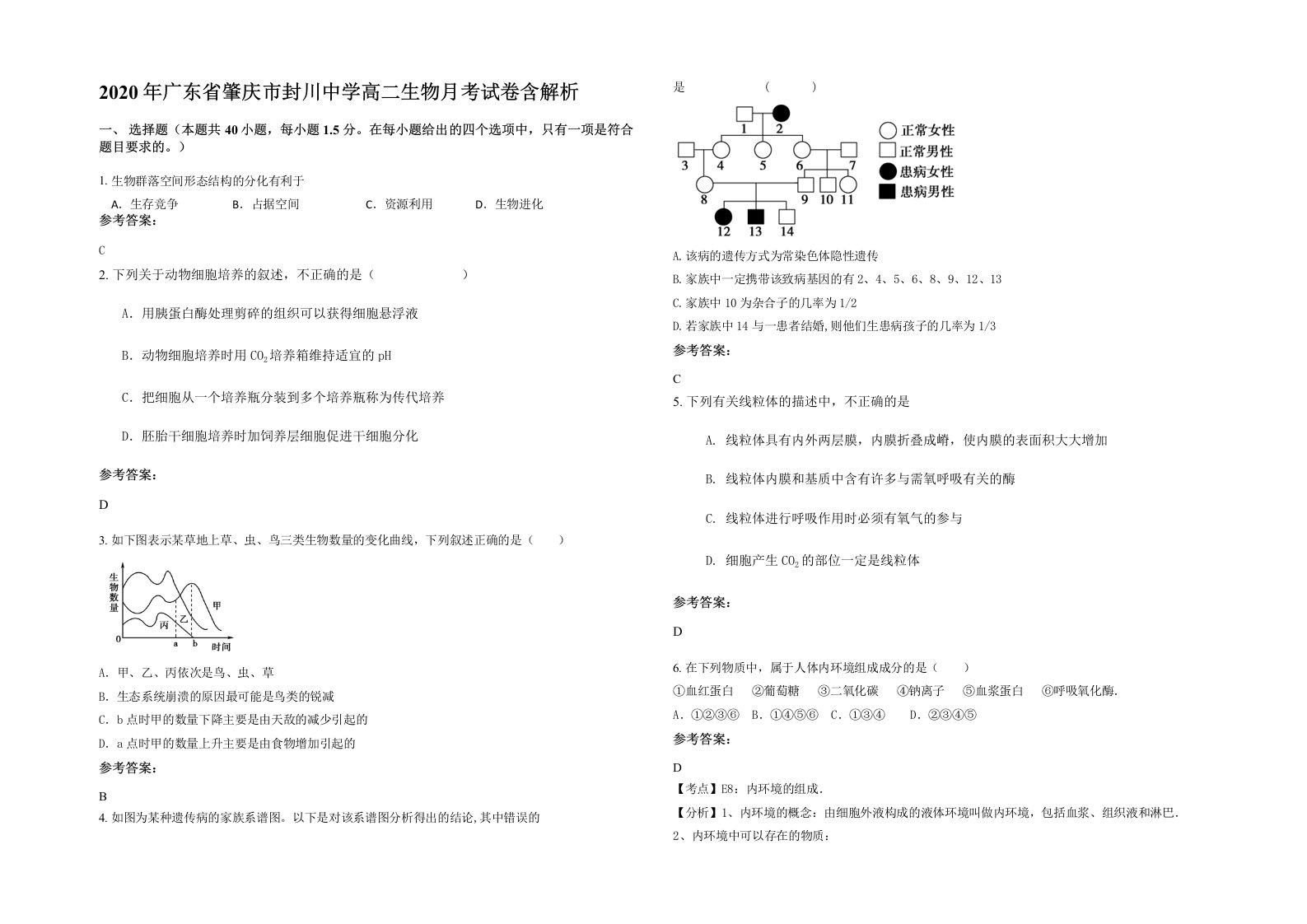 2020年广东省肇庆市封川中学高二生物月考试卷含解析