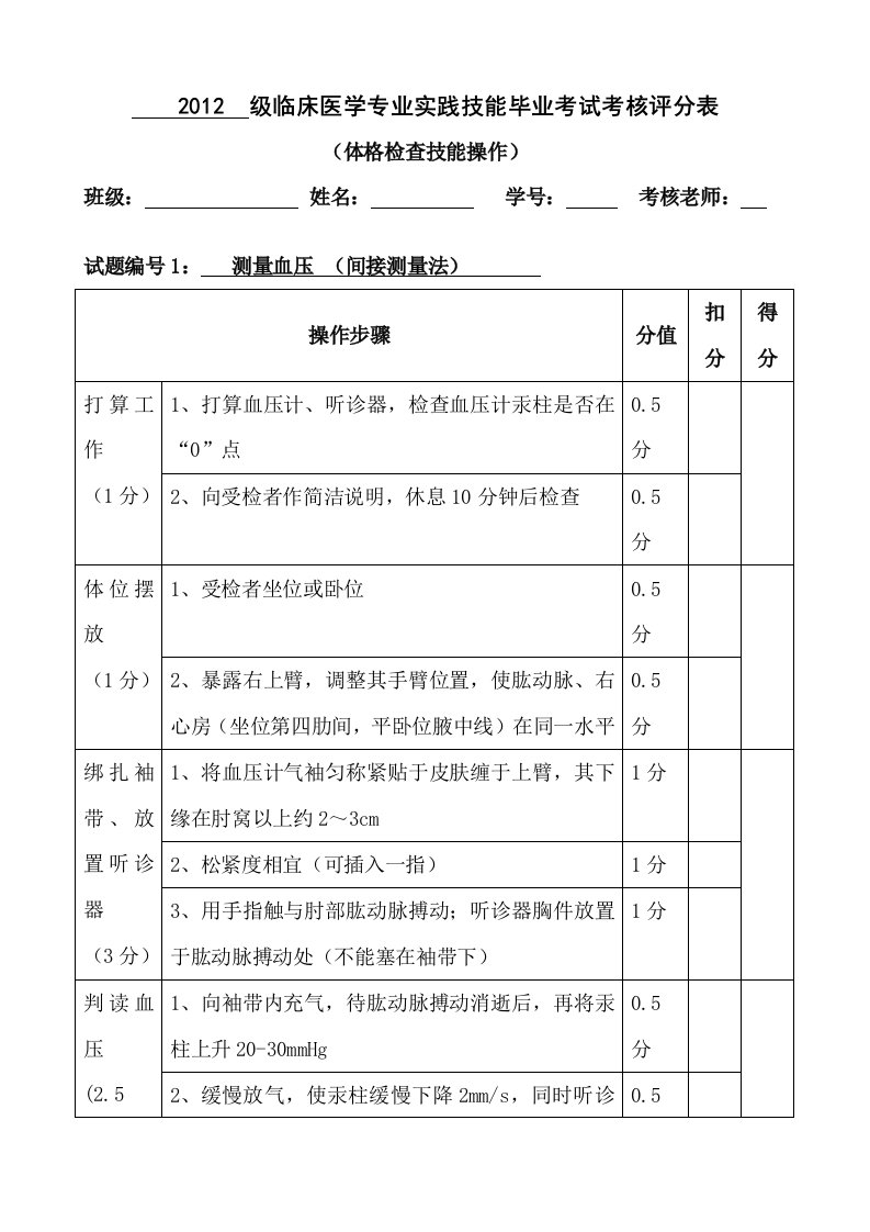 临床医学诊断体格检查技能操作考核评分表(排版好)