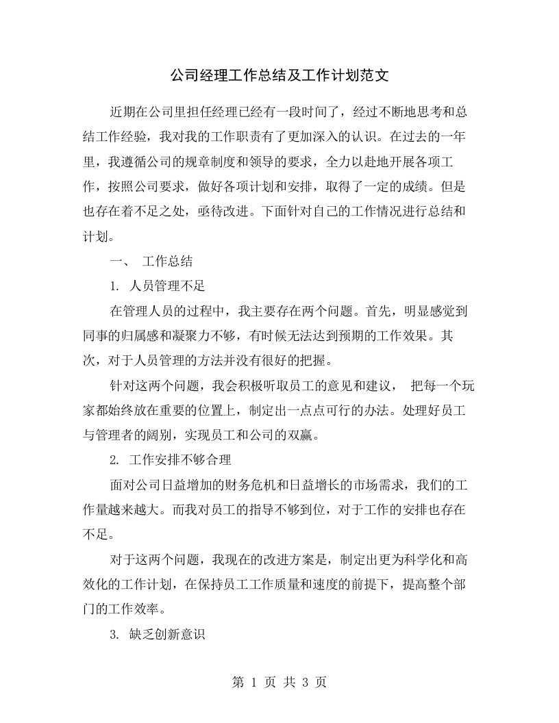 公司经理工作总结及工作计划范文