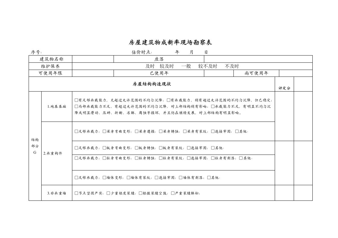 房屋建筑物成新率现场勘察表