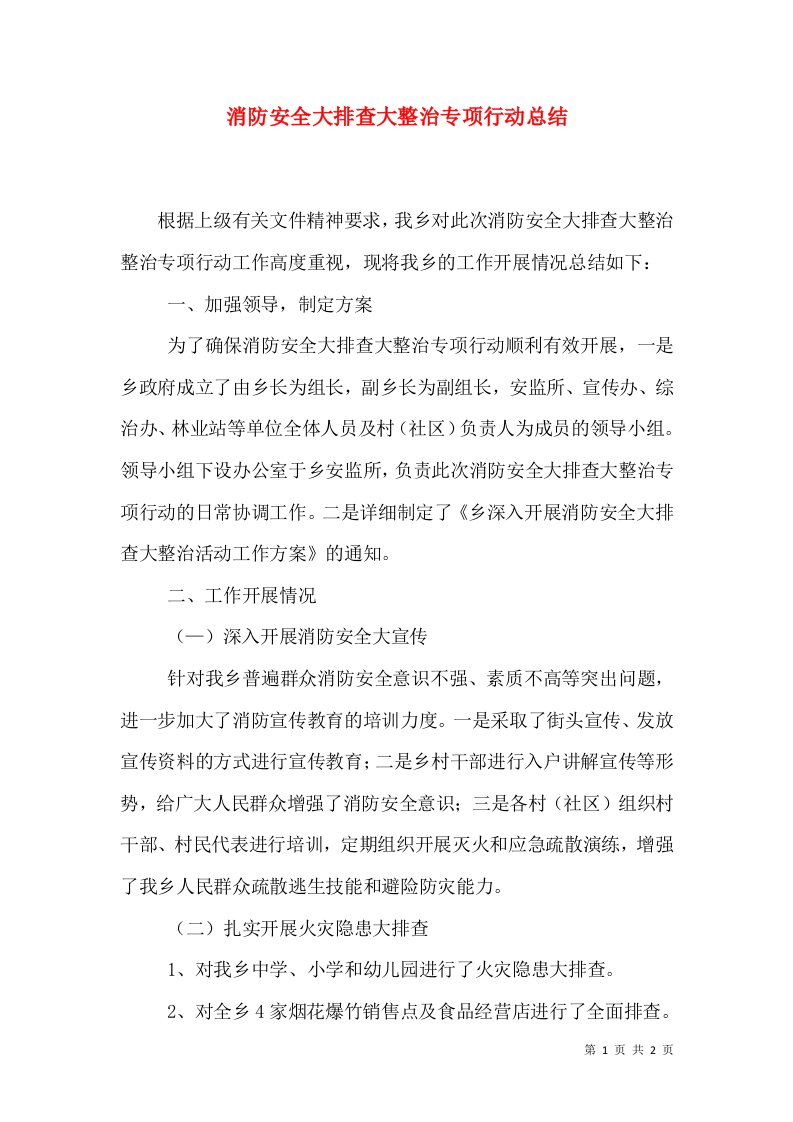 消防安全大排查大整治专项行动总结（一）