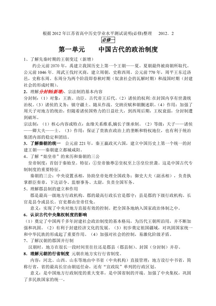 2012年江苏省高中历史学业水平测试说明(必修)整理