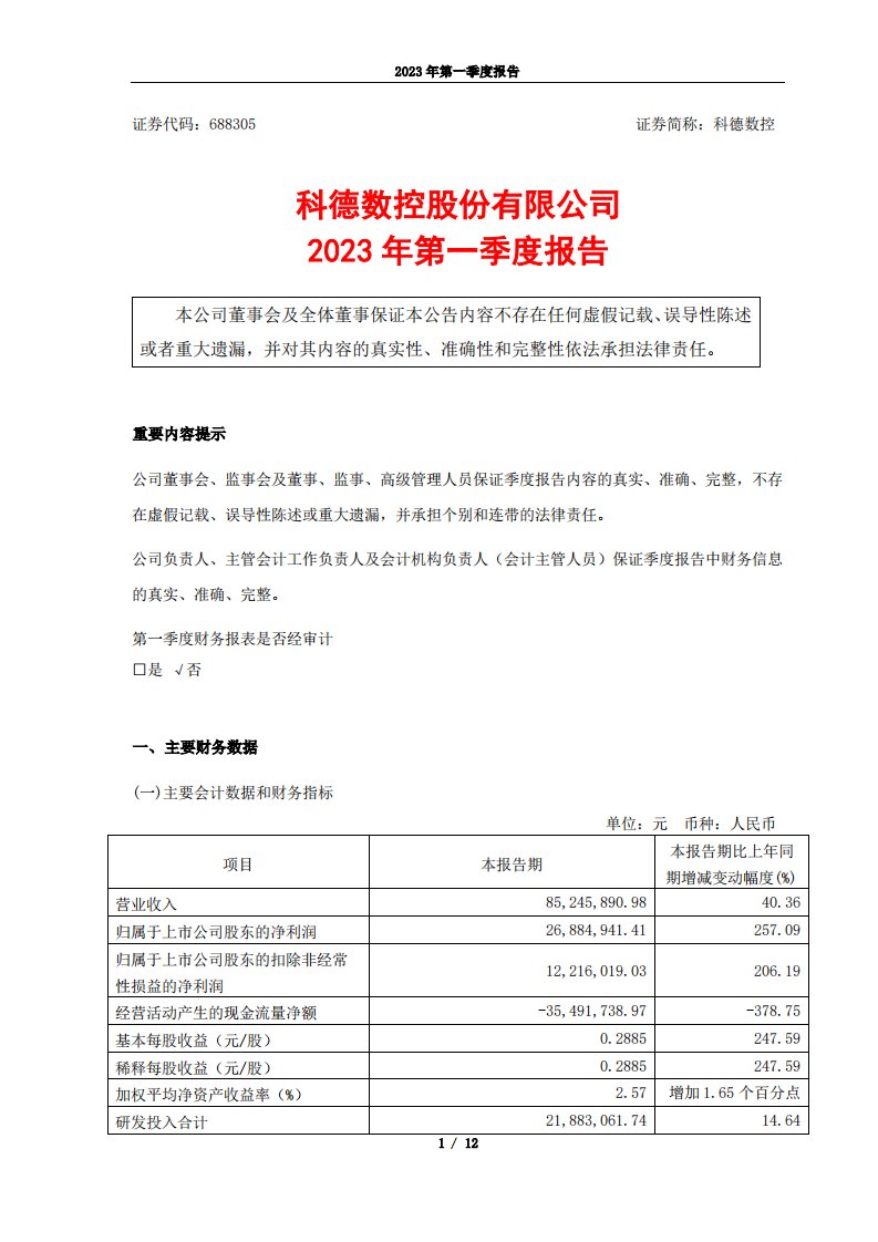 上交所-科德数控股份有限公司2023年第一季度报告-20230426