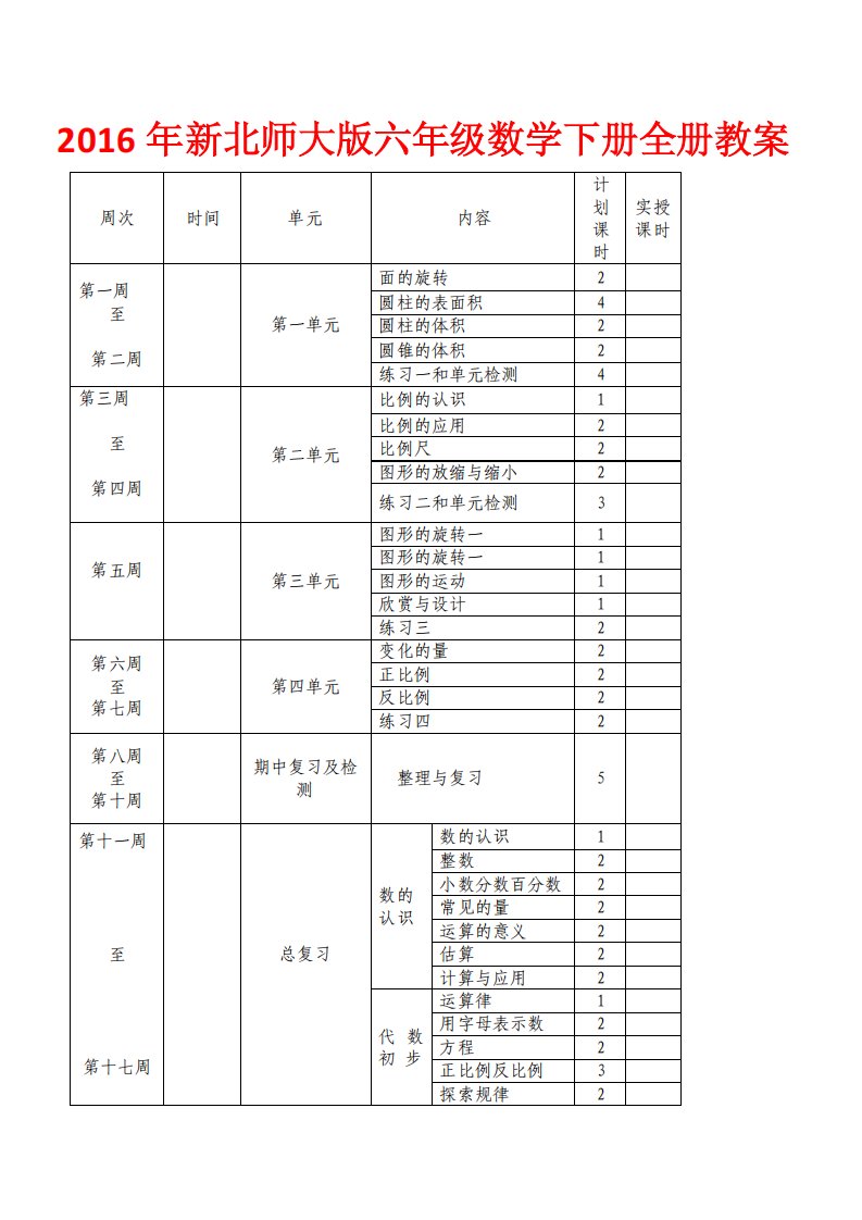 2016年新北师大版六年级数学下册全册教案