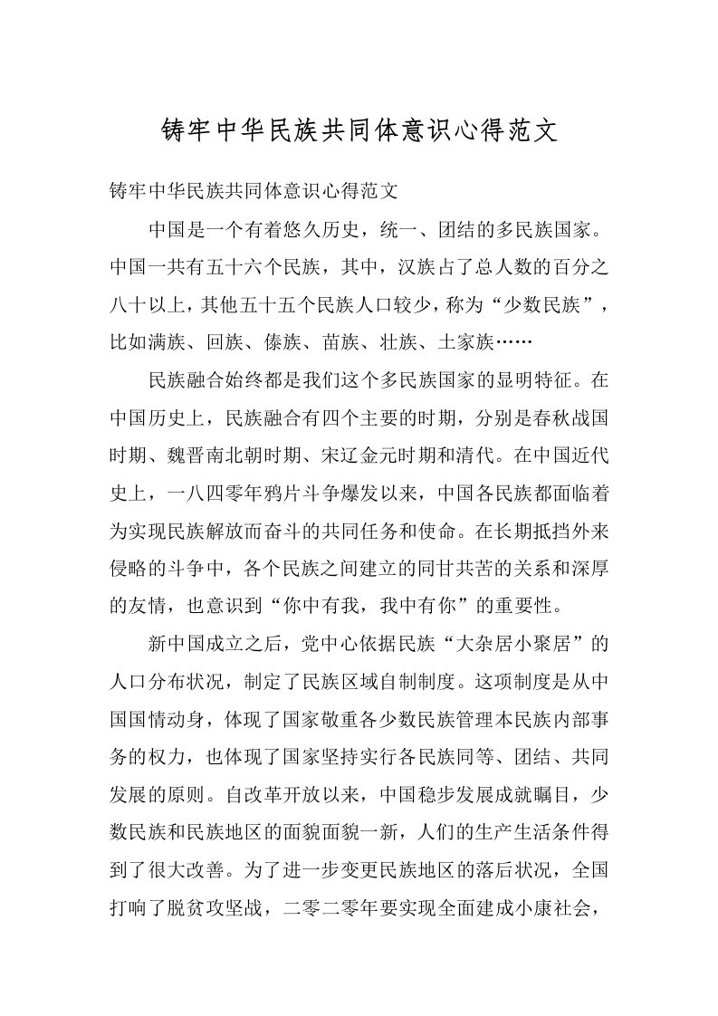 铸牢中华民族共同体意识心得范文