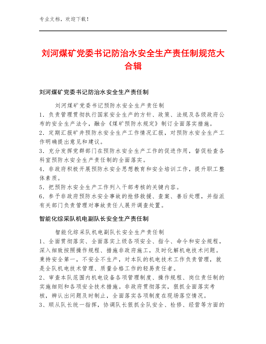 刘河煤矿党委书记防治水安全生产责任制规范大合辑