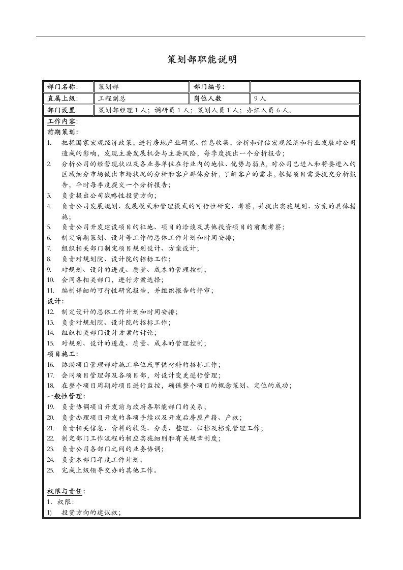 新疆国际置地公司策划部职能说明书