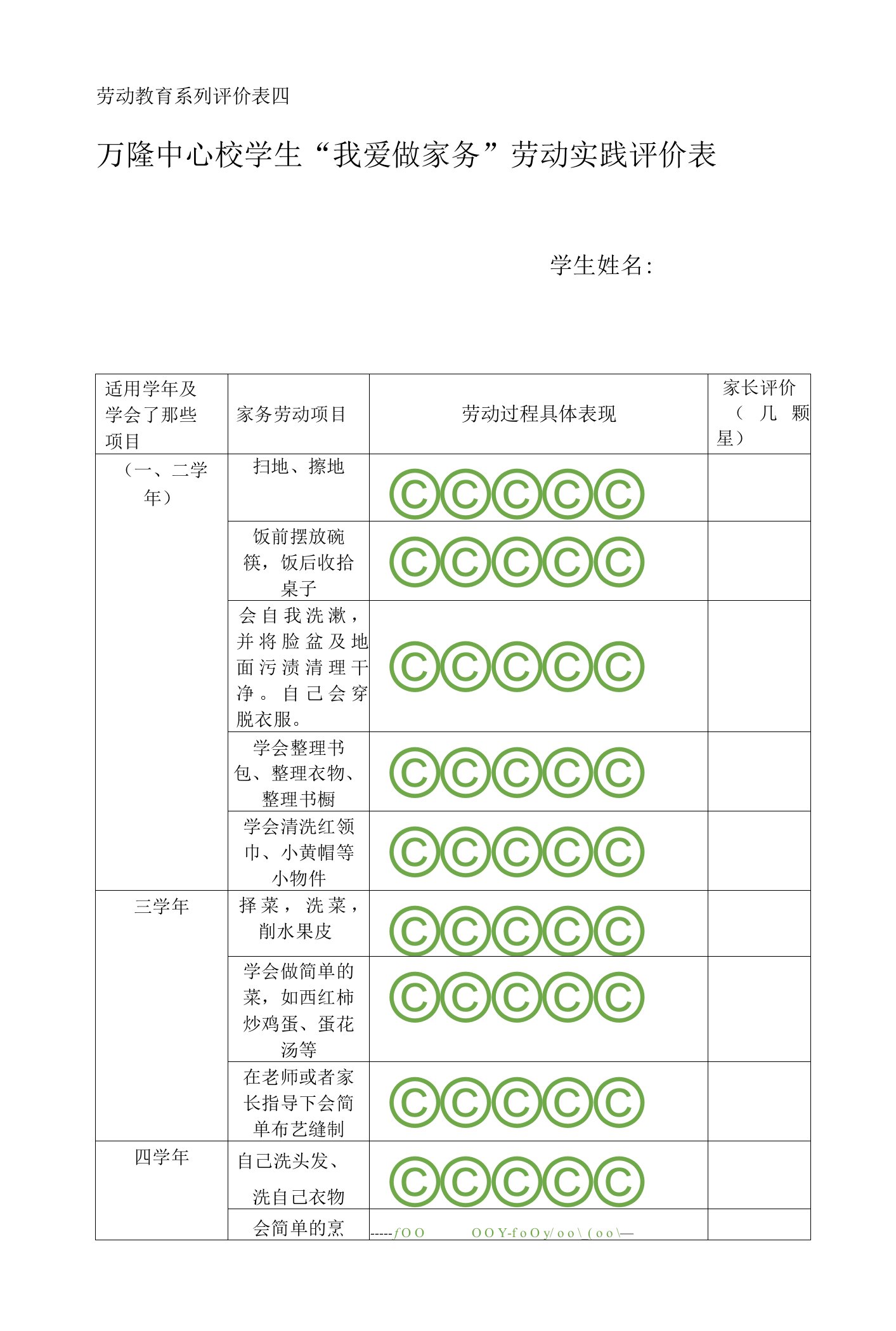 劳动教育系列评价表四