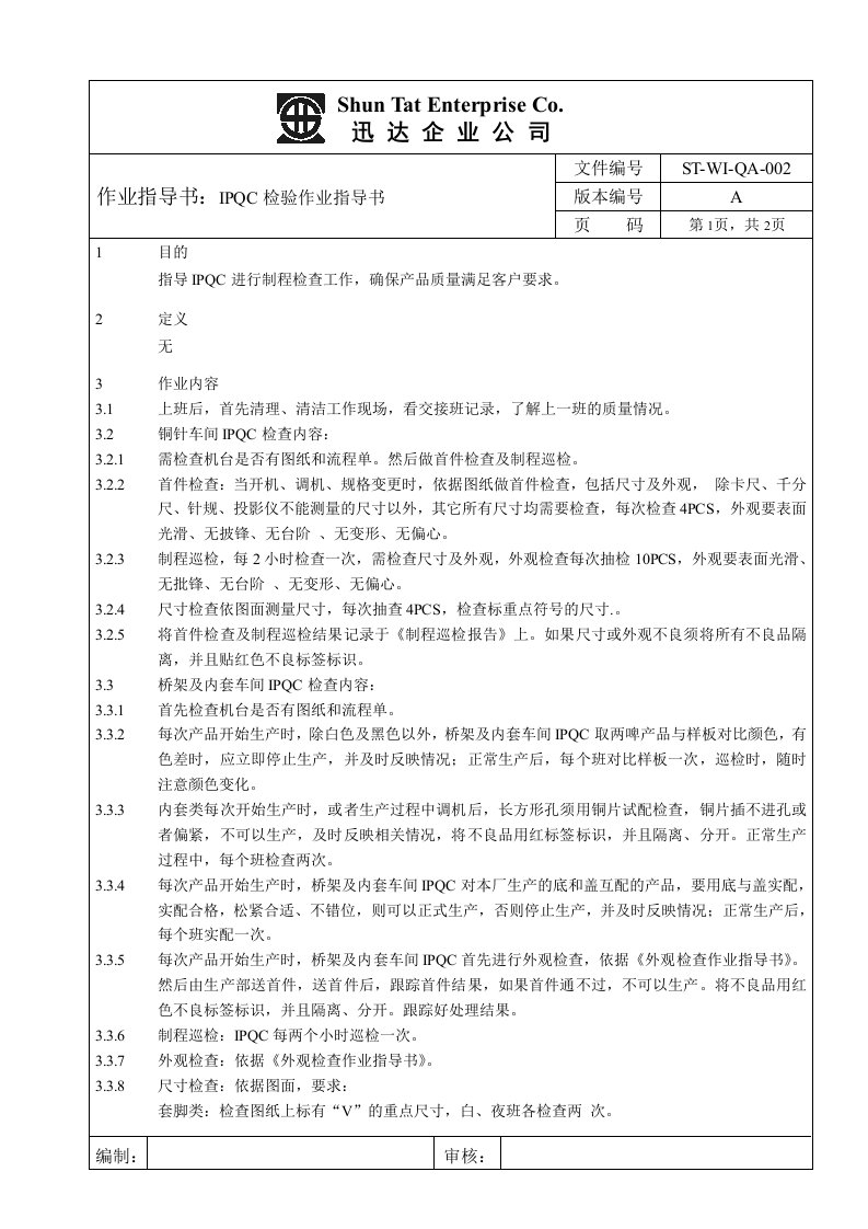 ISO9001重要三级文件-作业指导书(17个doc)IPQC检验作业指导书002-作业指导