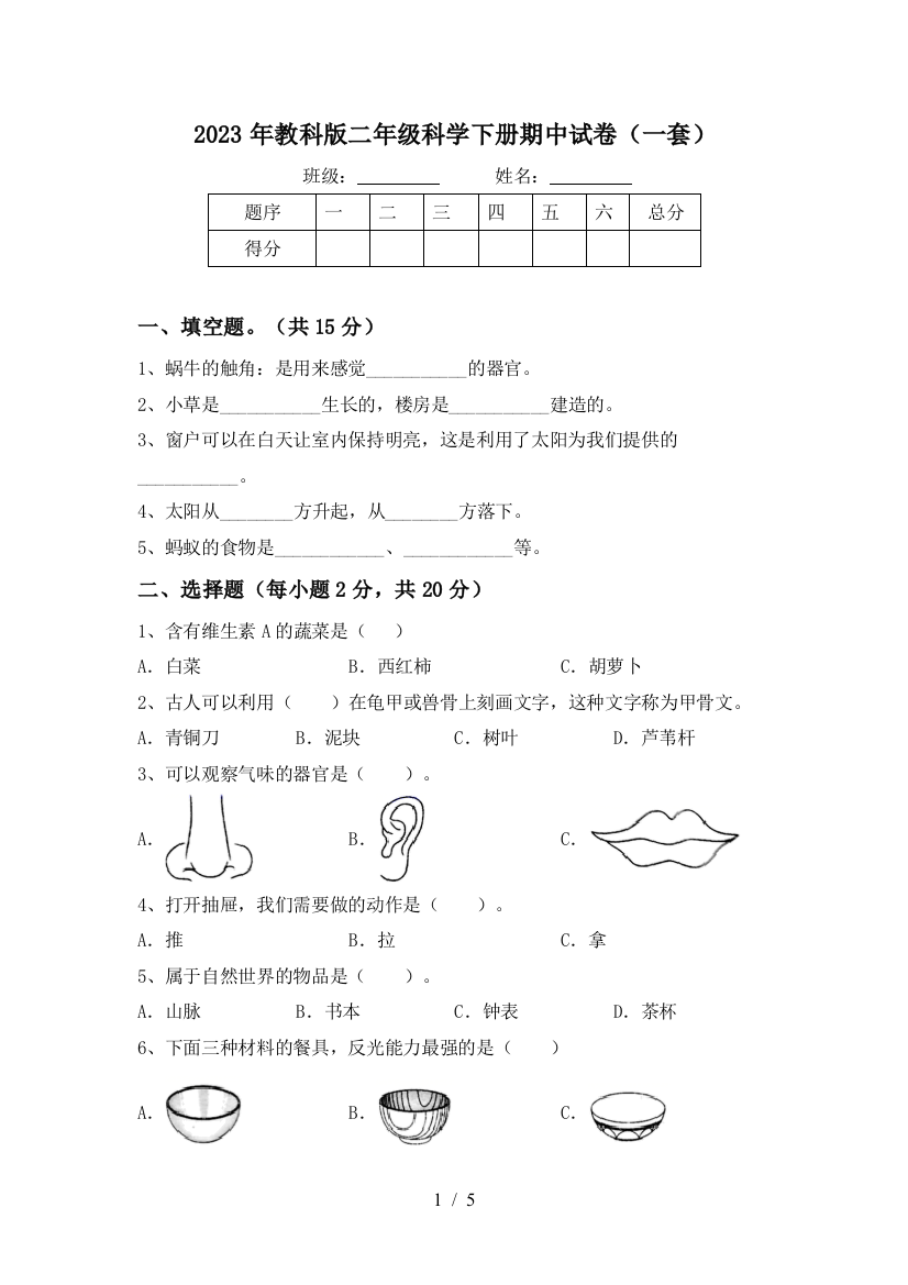 2023年教科版二年级科学下册期中试卷(一套)