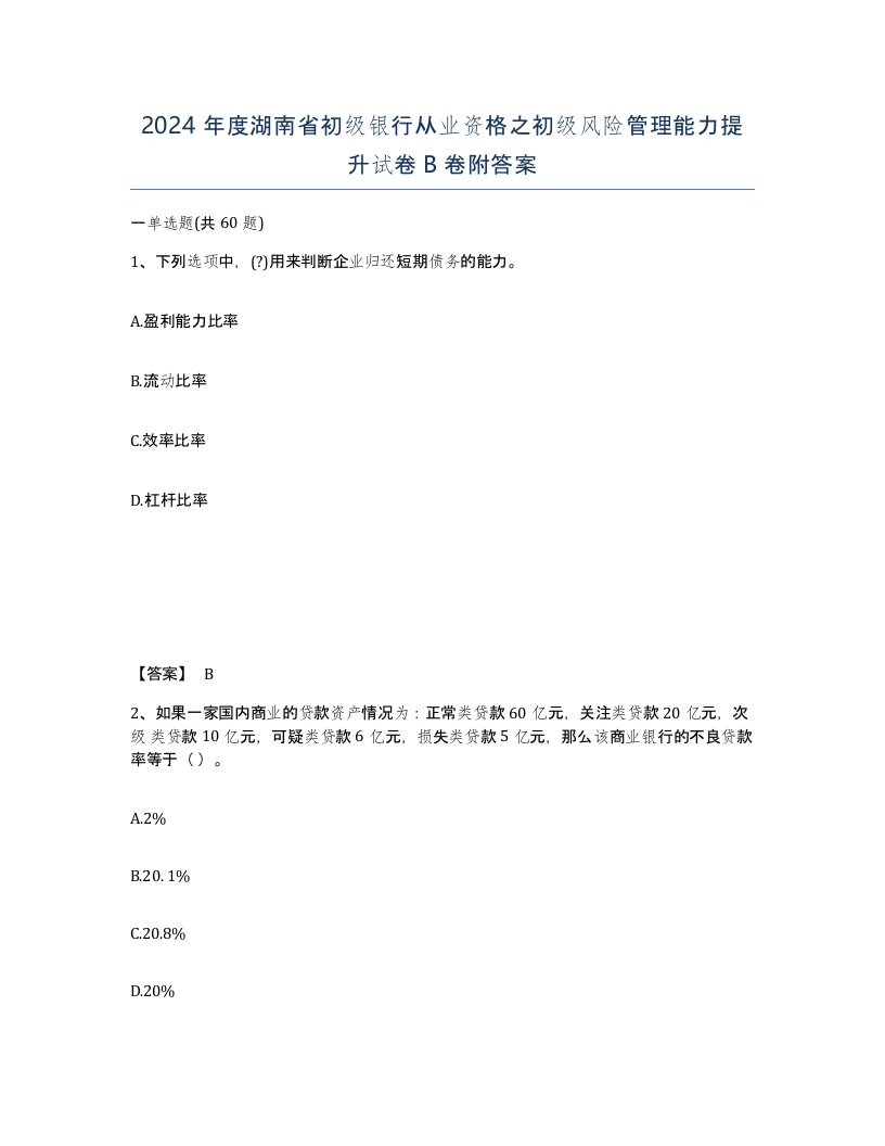 2024年度湖南省初级银行从业资格之初级风险管理能力提升试卷B卷附答案