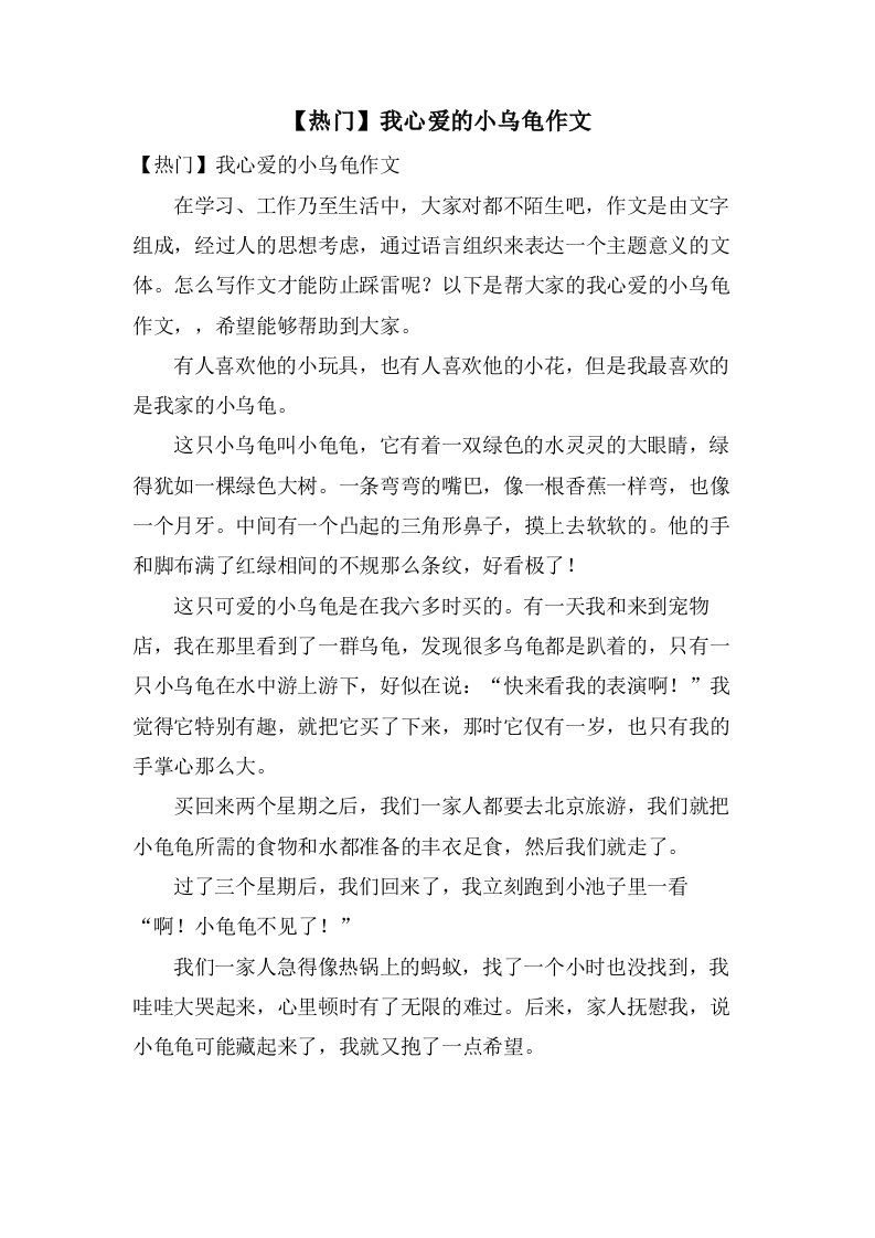 我心爱的小乌龟作文