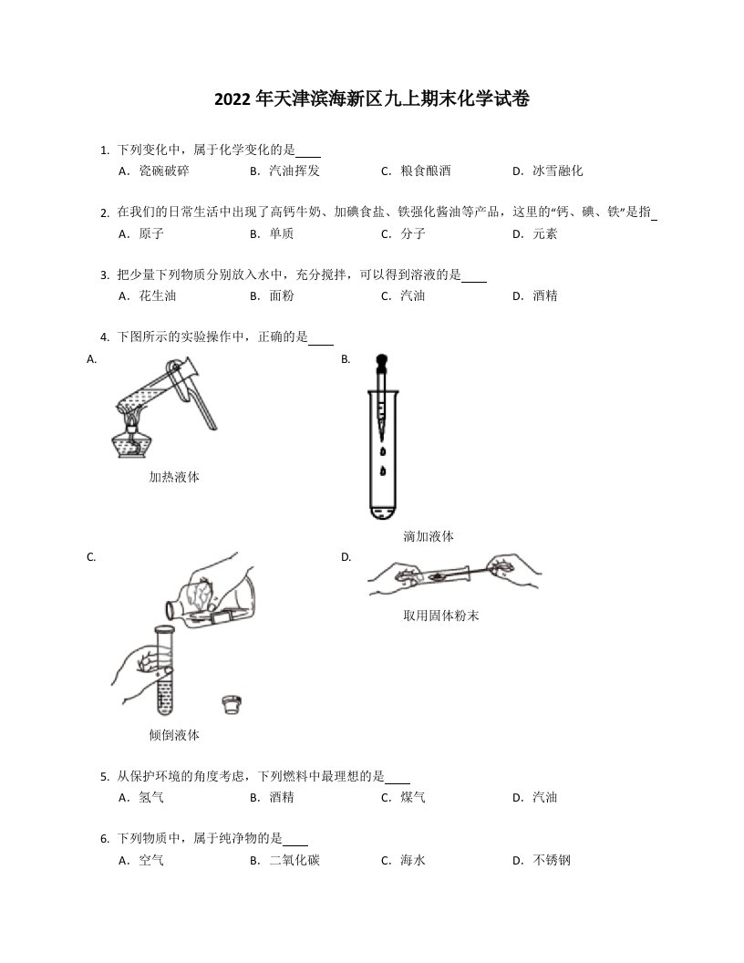 2022年天津滨海新区九年级上学期期末化学试卷（含答案）