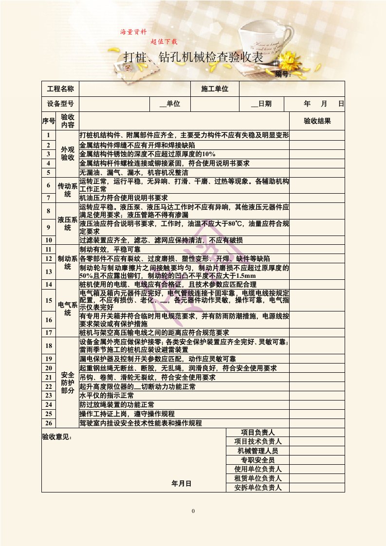 打桩、钻孔机械检查验收表