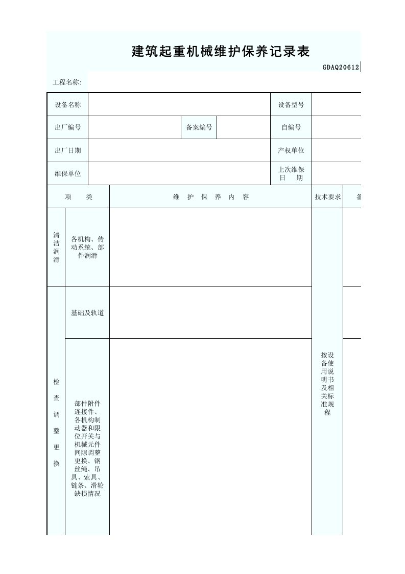 建筑工程-建筑起重机械维护保养记录表GDAQ20612