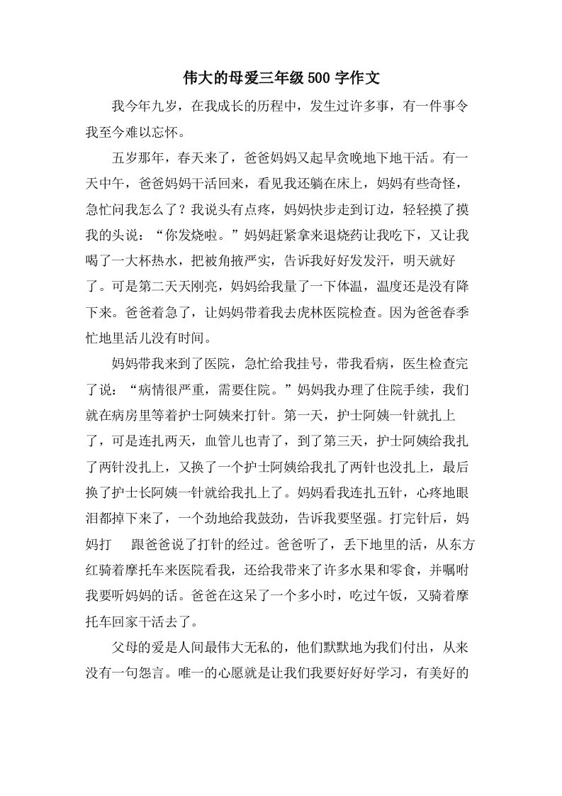 伟大的母爱三年级500字作文