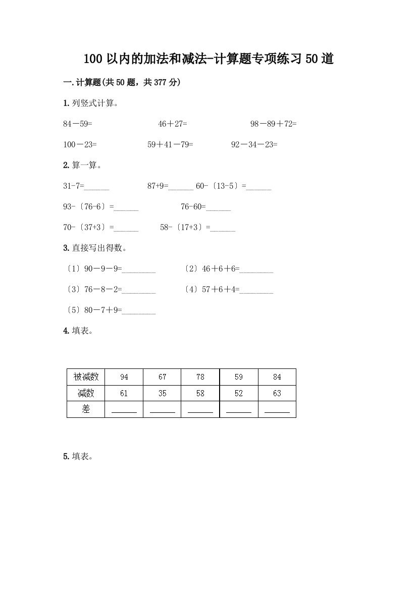 100以内的加法和减法-计算题专项练习50道精选