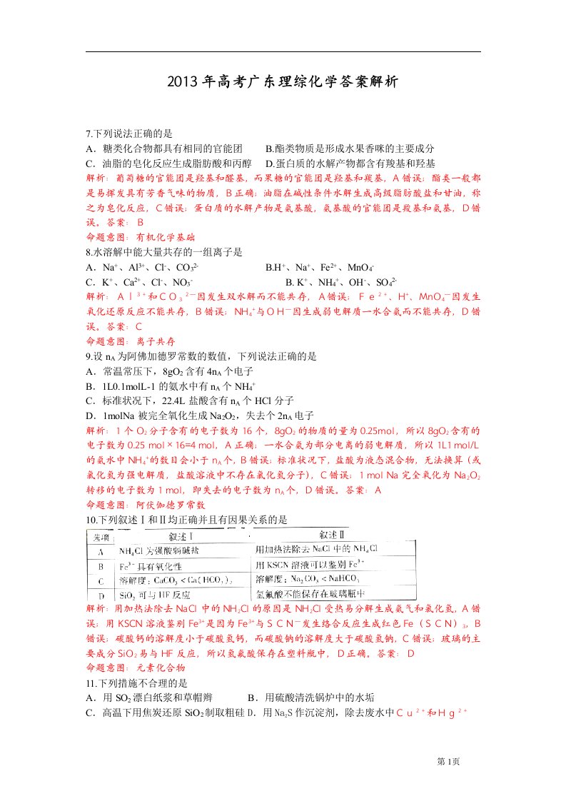 2013年高考广东理综化学解析