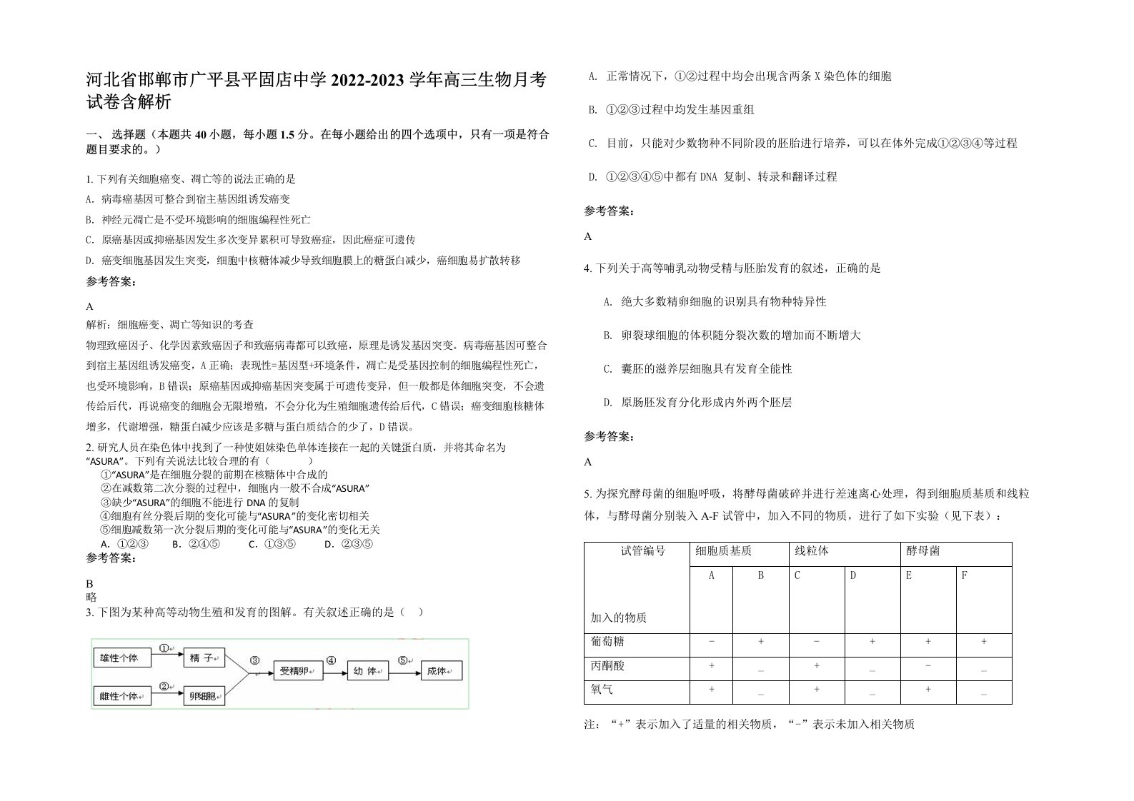 河北省邯郸市广平县平固店中学2022-2023学年高三生物月考试卷含解析