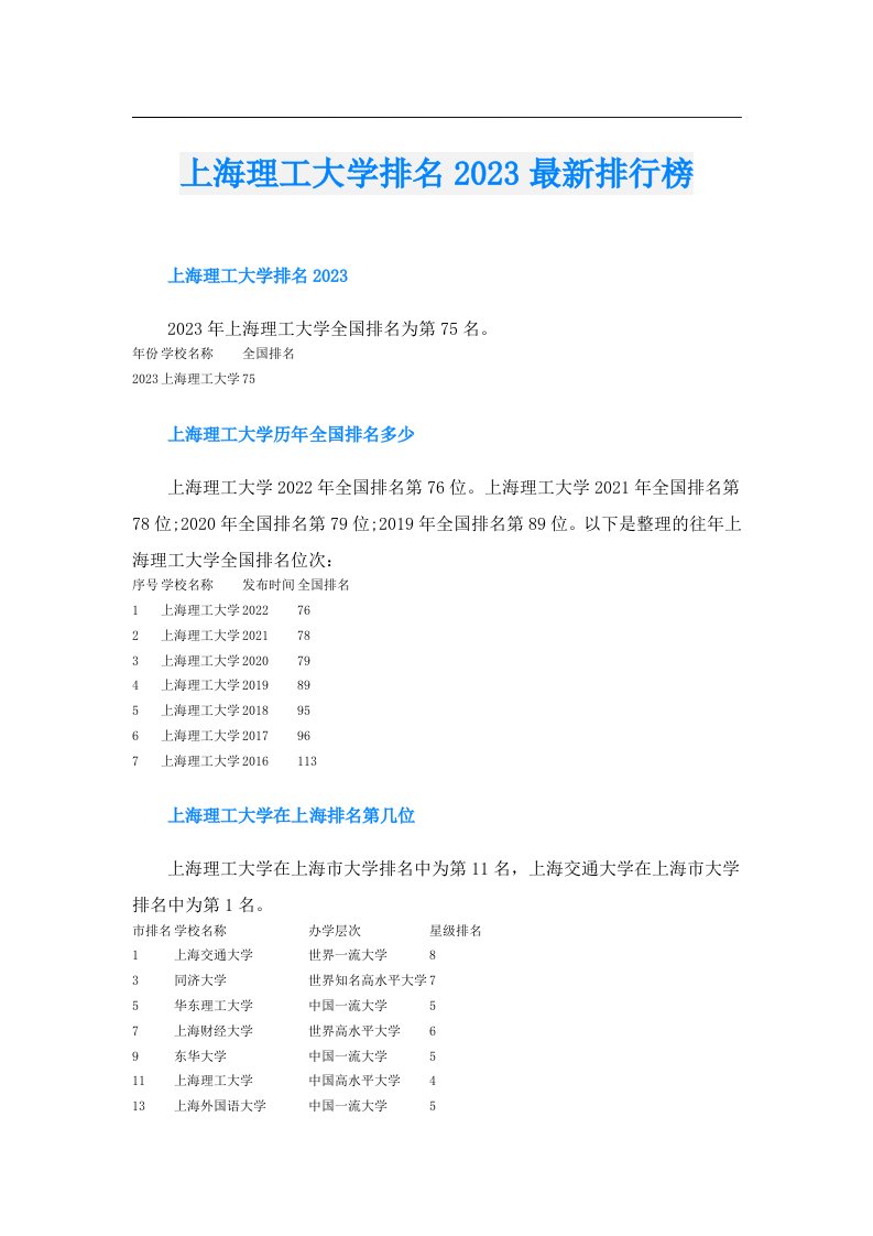 上海理工大学排名最新排行榜