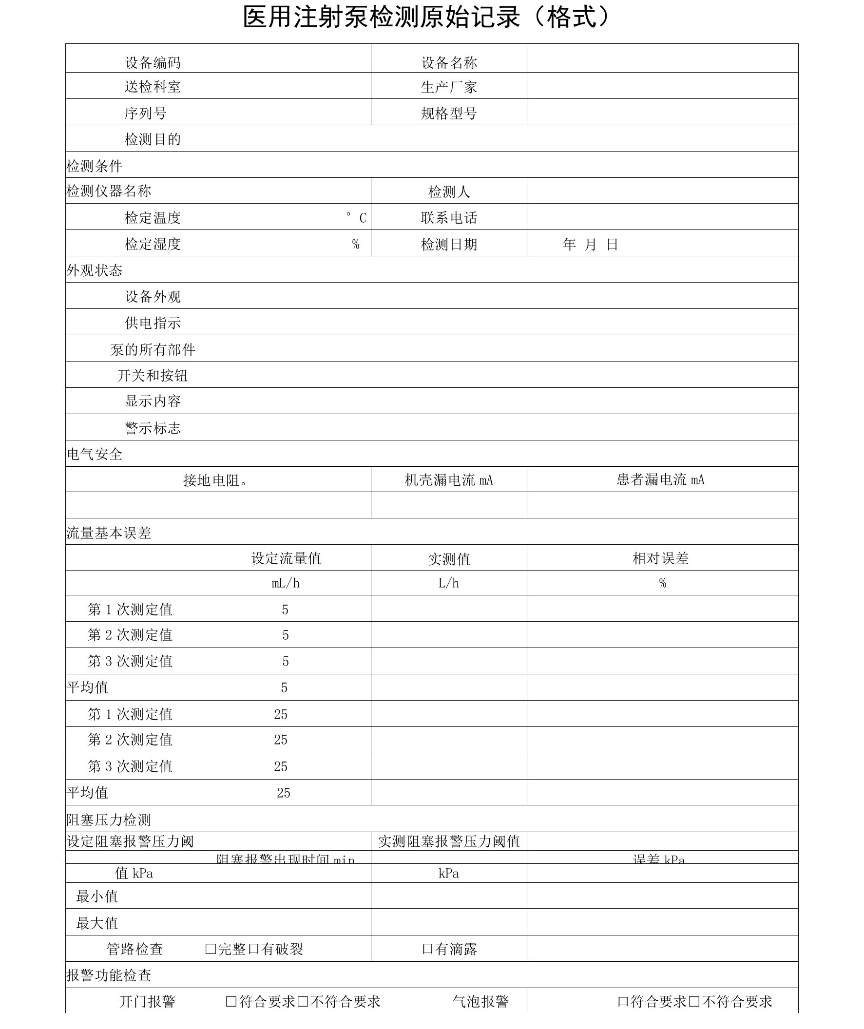 医用注射泵检测原始记录