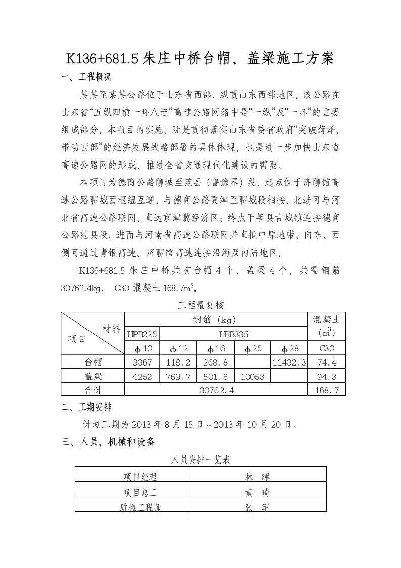 山东某高速公路合同段中桥台帽及盖梁施工方案