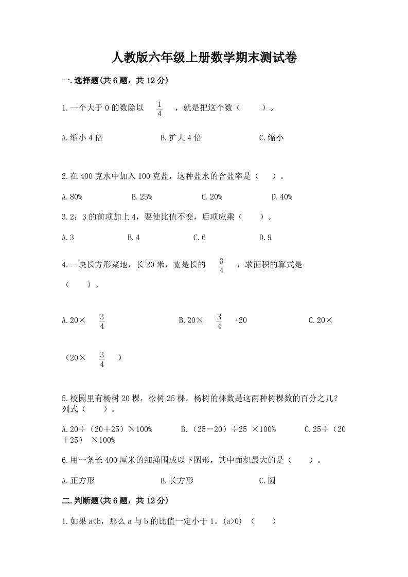 人教版六年级上册数学期末测试卷附完整答案（历年真题）