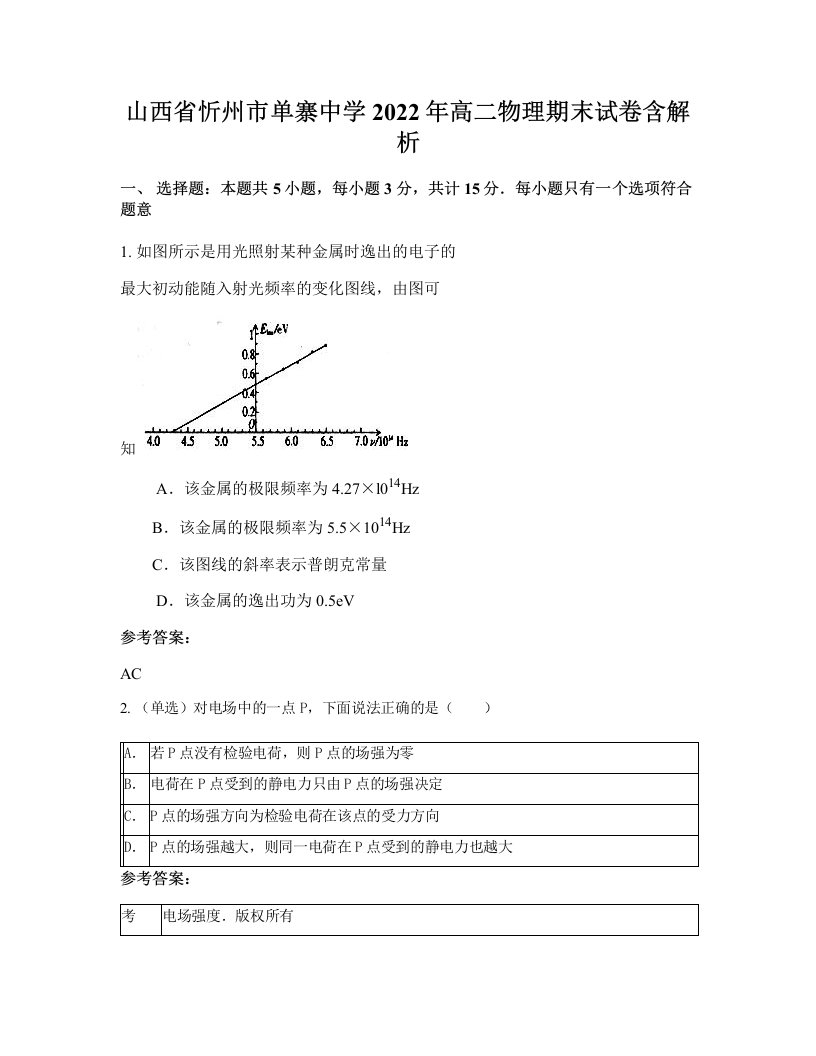 山西省忻州市单寨中学2022年高二物理期末试卷含解析