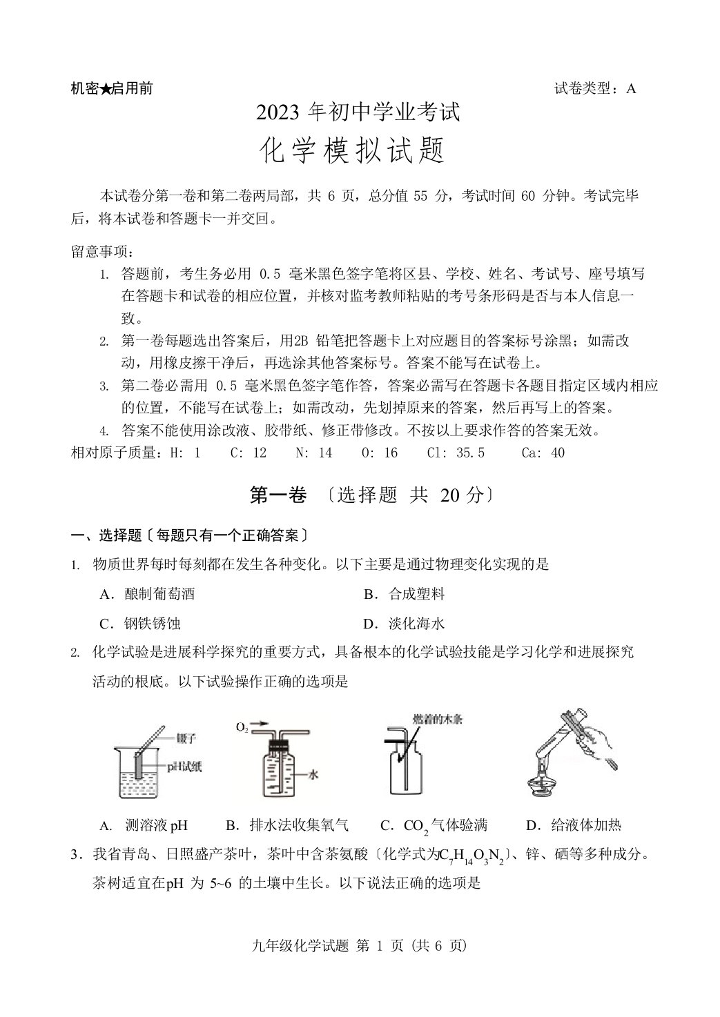 2023年九年级化学一模试题