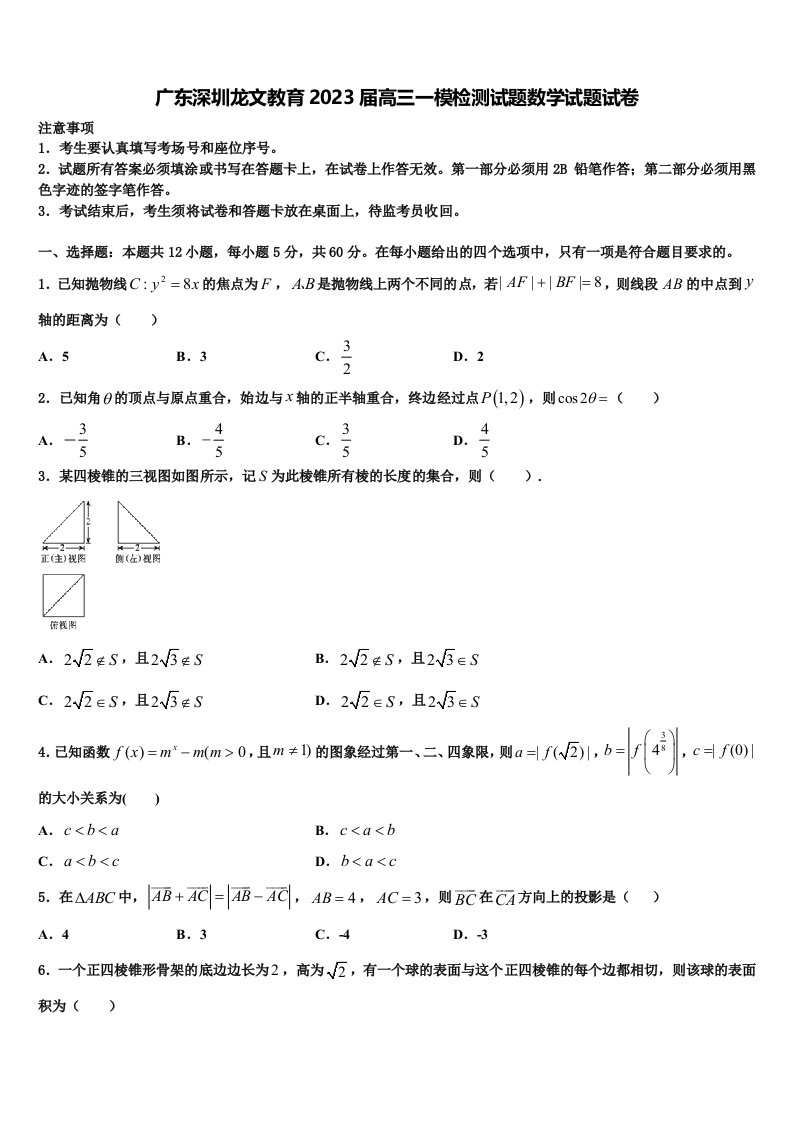 广东深圳龙文教育2023届高三一模检测试题数学试题试卷含解析