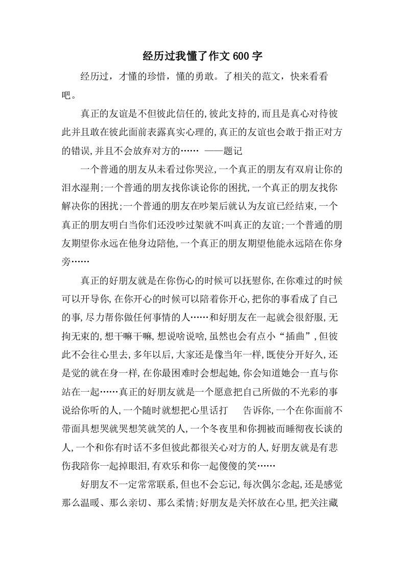 经历过我懂了作文600字