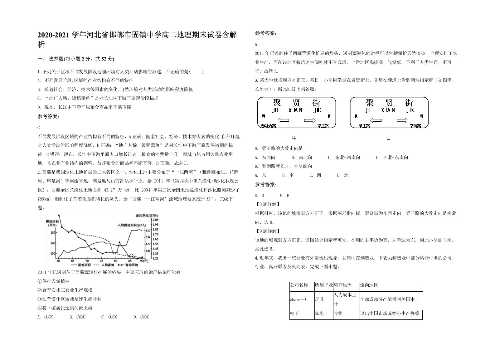 2020-2021学年河北省邯郸市固镇中学高二地理期末试卷含解析