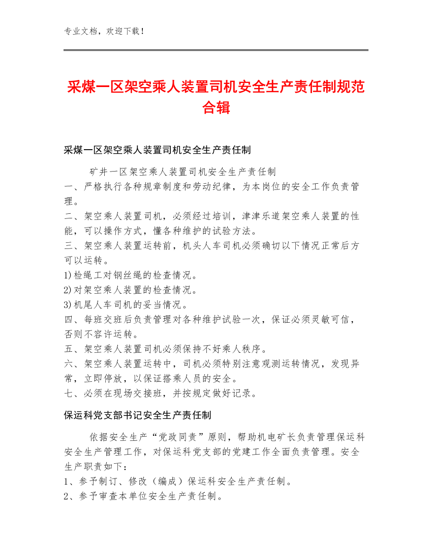 采煤一区架空乘人装置司机安全生产责任制规范合辑