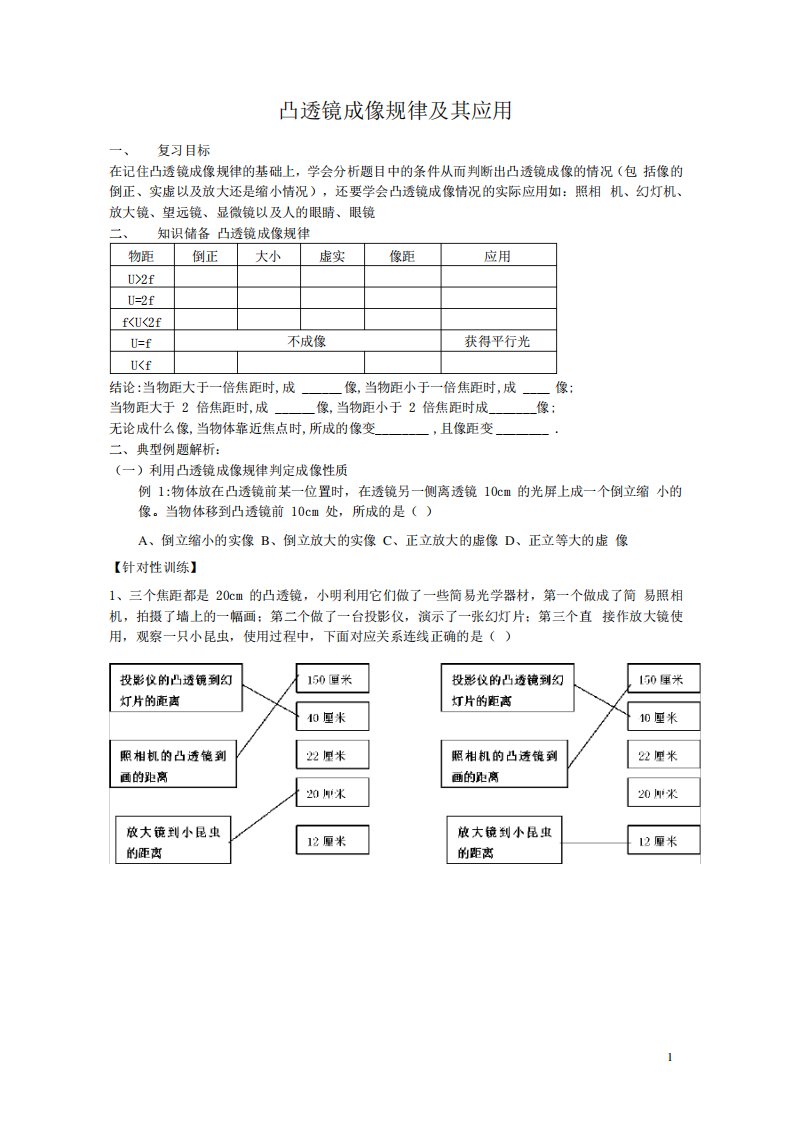 初二物理专项-凸透镜成像复习题(附答案)