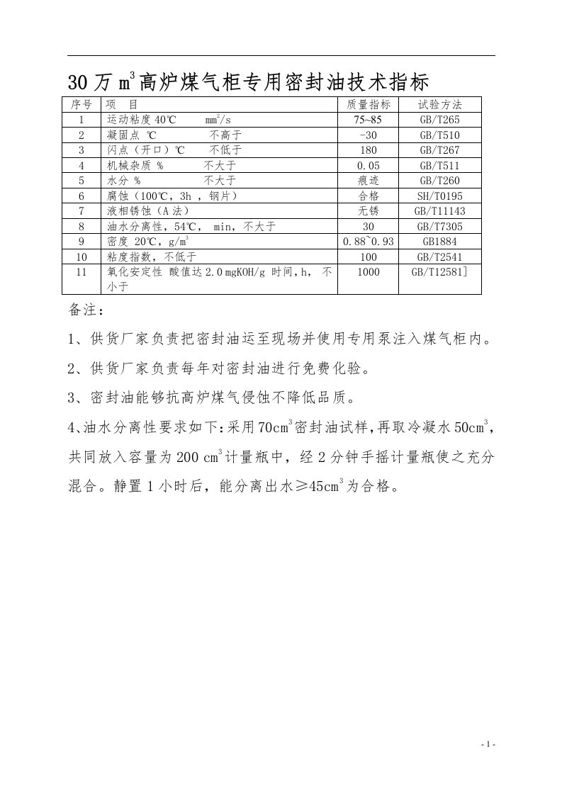 30万m3高炉煤气柜专用密封油技术指标.doc