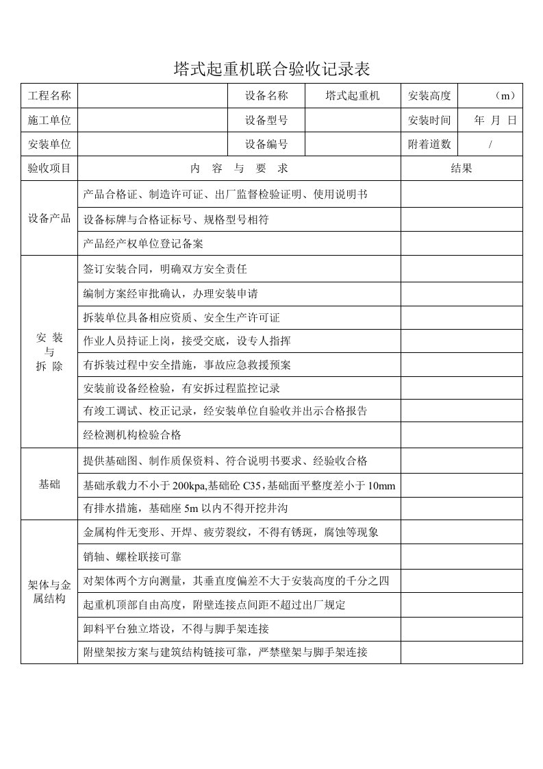 塔式起重机联合验收记录表