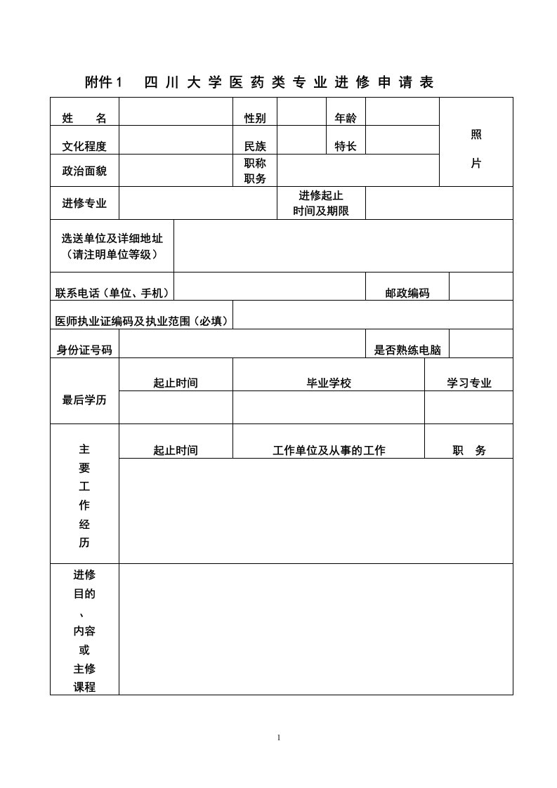 附件1四川大学医药类专业进修申请表